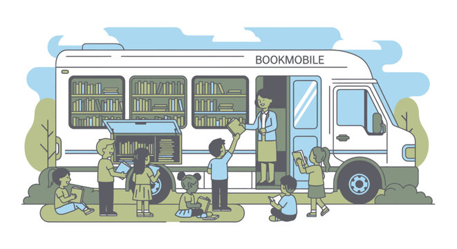 Illustrated Bookmobile Scene with Children and Librarian, Promoting Mobile Library Services and Community Engagement in Educational Outreach Programs