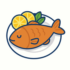 Grilled Fish on Plate with Lemon, delicious meal Vector Illustration