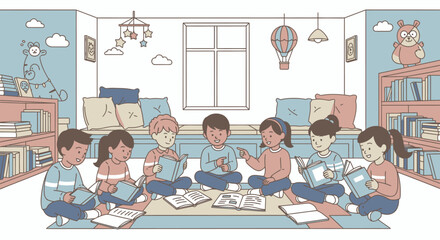 Children's Story Time Illustration Featuring Diverse Kids Reading Books in a Cozy Library Setting. Ideal for educational resources, children's book illustration, and library promotion.