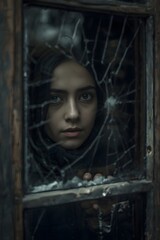Moody portrait of a young boy staring through a cracked broken window, symbolizing hardship, resilience, loneliness, and emotional storytelling in a dark cinematic atmosphere