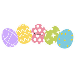 Five colorful Easter eggs in a row, pastel tones