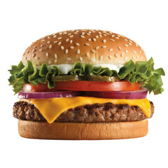 Juicy cheeseburger with lettuce, tomato, onion, and pickles, isolated on transparent background