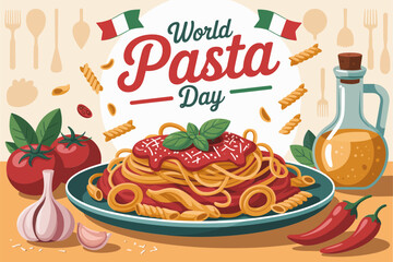 World pasta day celebration plate with spaghetti tomatoes garlic basil and olive oil, rustic kitchen scene, food poster vector illustration