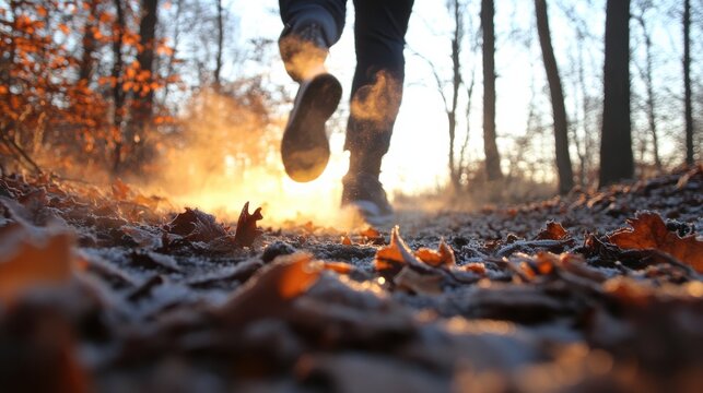 Active person running on a frosty autumn forest path, kicking up dust in warm morning sunlight