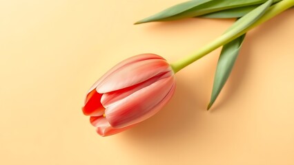 Obraz premium Single tulip flower viewed from above on a beige background with soft lighting.