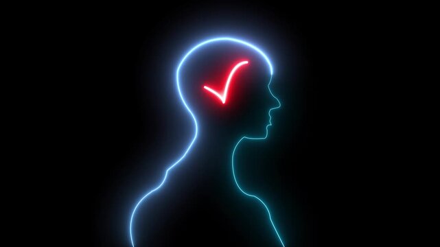 Glowing neon line Human head apple icon in tik mark on black background.4k video animation.