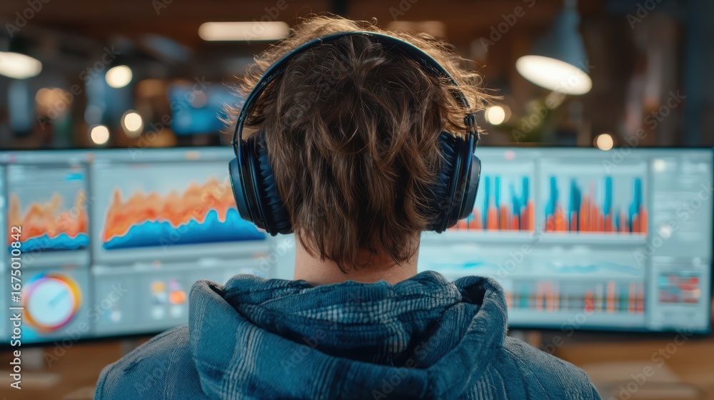 Poster a person with headphones observes multiple computer screens displaying data visualizations and graph