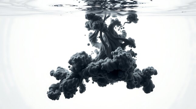 Black ink dissolving in water creating abstract shapes against a white background view from below