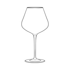 Illustration of an empty, classic wine glass in a linear style. Minimalistic design with a black outline is perfect for bars, restaurants, bars and festive events.
