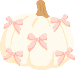 White Pumpkin with Pink Bows Clipart, Coquette Halloween Pumpkin PNG, Cute Pastel Fall Decor, Girly Autumn Illustration