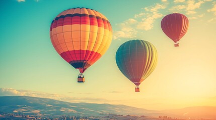 Obraz premium Three colorful hot air balloons float in the sky above a landscape, bathed in warm sunlight.