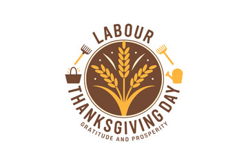 Labour Thanksgiving Day vintage logo, wheat sprout and hands motif, gratitude and prosperity theme, festival branding, sticker label, vector illustration