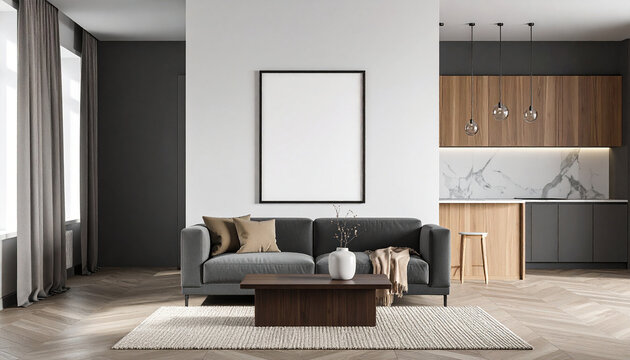 Mockup poster frame Modern Living Room with Minimalist Elegance: A stylish living space showcases a sleek sofa and coffee table beneath a clean picture frame. 