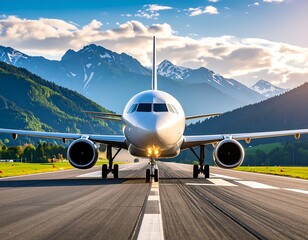 Airplane taxiing on runway towards majestic mountains at sunset