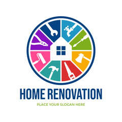 A bright and dynamic logo of a house surrounded by tools, ideal for home renovation, repair, or interior design companies with a creative focus.