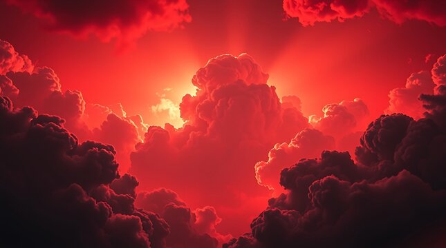 A dramatic red sky filled with fluffy clouds and a bright light shining through the clouds above - Powered by Adobe