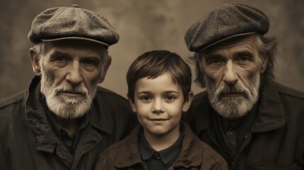 Fototapeta premium Portrait of two elderly men with beards and flat caps sitting beside a young boy, representing family generations, wisdom, heritage, tradition, and the bond between old and young