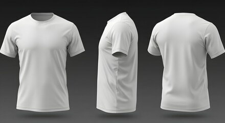 Three-view mockup of a plain white men's t-shirt, showcasing front, side, and back perspectives for design purposes. Blank T Shirt color white template front and back view on white background. t-shirt