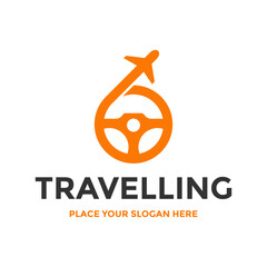 Travelling logo, ideal for travel agencies, airlines, or car rental services. Combines a steering wheel with an airplane, symbolizing both road and air travel. Clean vector.