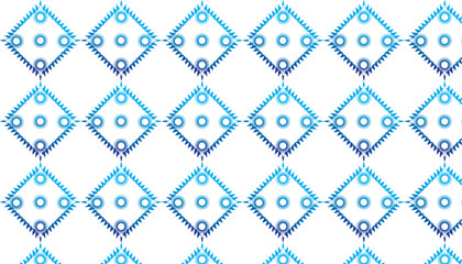 Geometric pattern in shades of blue featuring repeating diamond and circle designs on white background