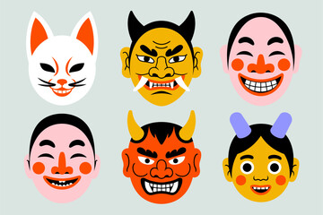 Fototapeta premium Japanese mask icons, kitsune tengu oni hannya smiling faces, colorful festival collection, cosplay costume graphic, vector illustration