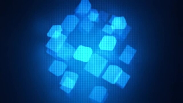 4k rotating blue geometric squares with alternating light effects in dark background