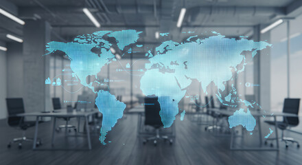 Seamless Global Connectivity: A Digital World Map and Data Visualizations in a Contemporary Office Setting