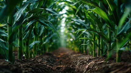A close-up view of lush green corn plants growing in neat rows, highlighting the earthy soil and vibrant leaves beneath a soft, diffused light.