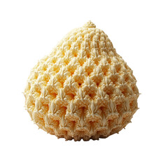 A pear-shaped object, intricately detailed with a repeating, decorative pattern, exhibits a soft, light beige hue against a stark black backdrop.