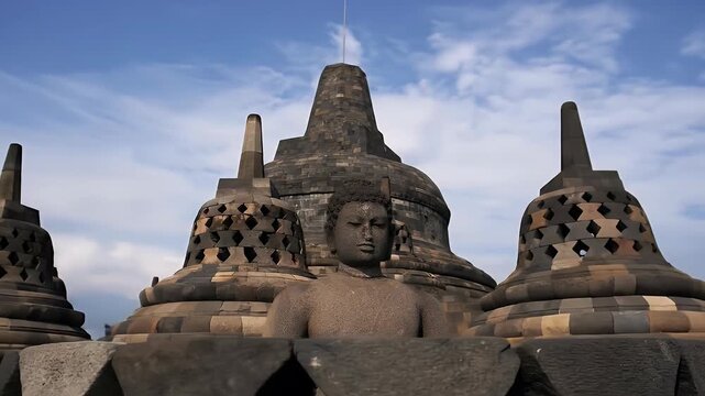 Ancient Buddha statue and stupa at Borobudur temple in Yogyakarta, Java, Indonesia.