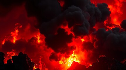 A vivid display of dark smoke billowing above intense red flames filling the entire frame