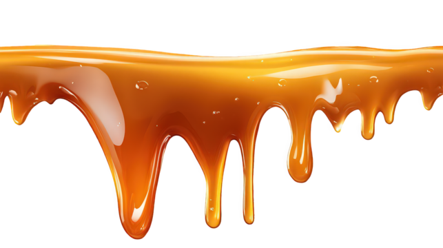 A close up view of caramel dripping down with a black background making it look delicious and sweet