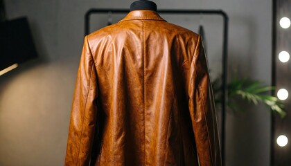 Brown leather jacket back view