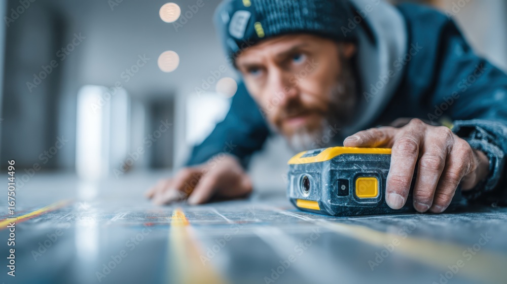 Poster a focused construction worker uses a laser level on a floor, ensuring precise measurements for a bui