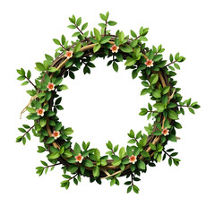 A circular floral wreath with delicate branches, vibrant green leaves, and small, light coral-colored blossoms against a stark black background.