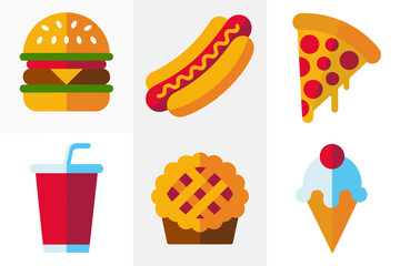 American fast food icons set with burger, hot dog, pizza slice, soda cup, pie, ice cream cone vector