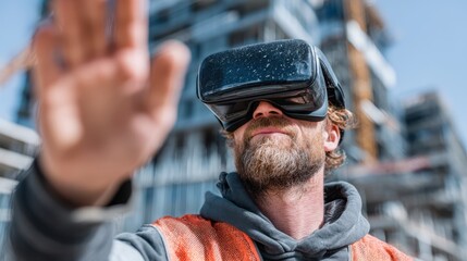 A man wearing a virtual reality headset gestures with his hand, set against a backdrop of construction buildings, showcasing modern technology in a work environment.