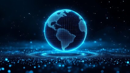 Futuristic glowing earth globe made of blue dots over particle field in dark background, symbolizing technology, data, and global connection