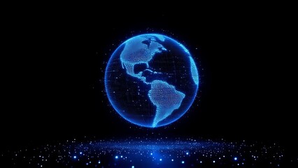 Futuristic glowing earth globe made of blue dots over particle field in dark background, symbolizing technology, data, and global connection