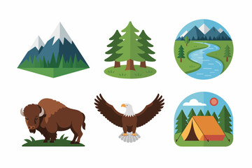 Wild west prairie and mountain icons, bison standing, flying eagle, pine forest, river scene, camping tent, outdoor adventure vector