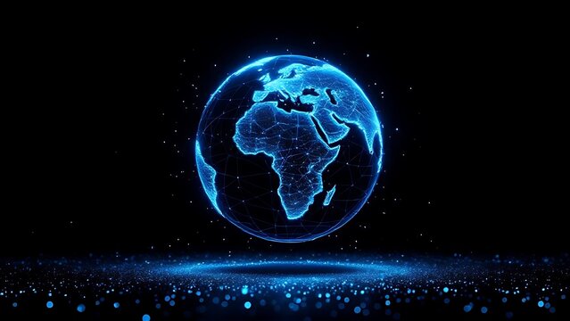 Futuristic glowing earth globe made of blue dots over particle field in dark background, symbolizing technology, data, and global connection