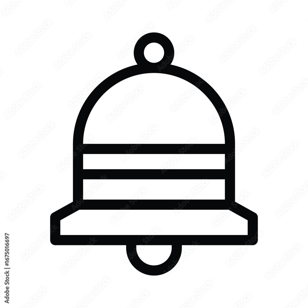 Poster a simple line drawing of a bell featuring rounded top two horizontal stripes flared base and danglin