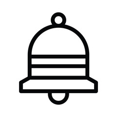 A simple line drawing of a bell featuring rounded top two horizontal stripes flared base and dangling clapper. Editable stroke icon. Vector illustration