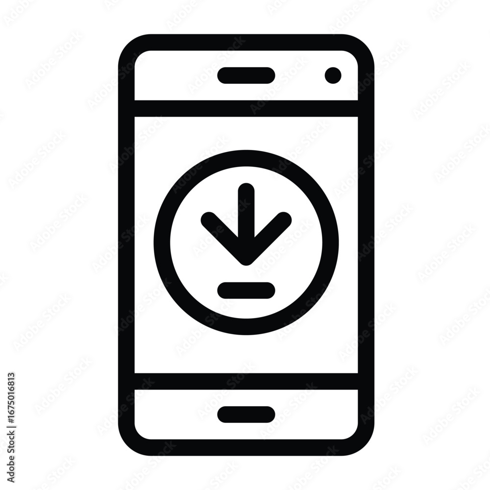 Poster black line art depicts a smartphone icon with a downwardpointing arrow inside a circle possibly repr