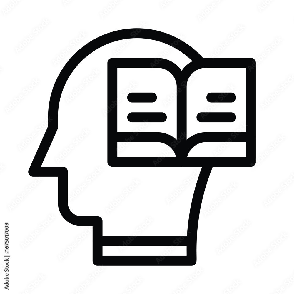 Poster line art a head silhouette with an open book inside suggesting reading. editable stroke icon. vector