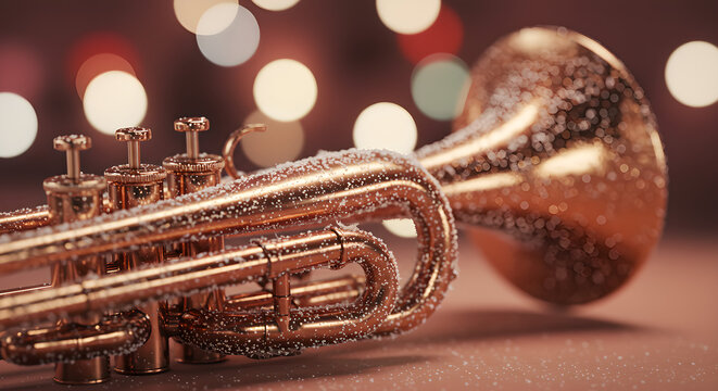 Golden Trumpet Adorned with Festive Snowflakes, Glowing Warmly Against a Blurry Holiday Bokeh Background