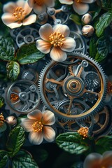 Obraz premium Intricate Steampunk Flowers and Gears Biomechanical Fusion of Nature and Technology
