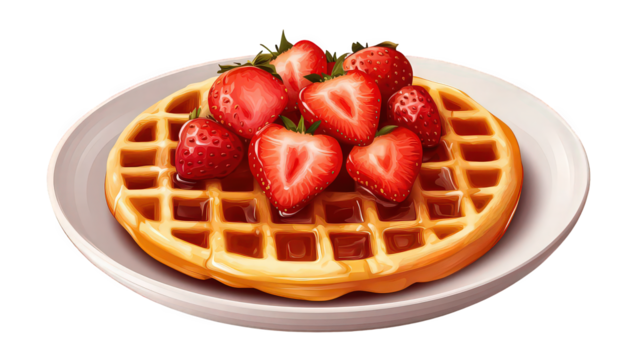 A waffle topped with sliced strawberries and syrup on a white plate in a close up view image