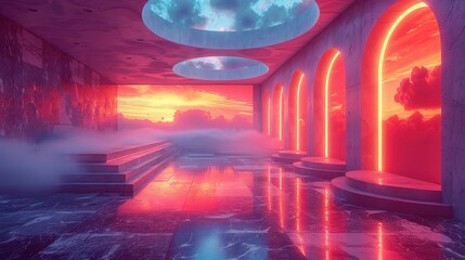 Obraz premium Surreal Sci-Fi Interior with Neon Arches and Sunset Sky View