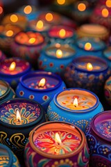 Vibrant Diwali Candles with Intricate Patterns and Warm Glow for Festive Celebrations
